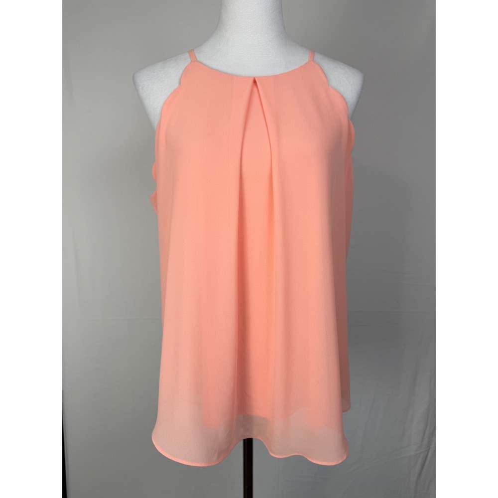 BCX Scalloped Sleeveless Blouse Womens XL Peach Coral Pleated High Neck Top